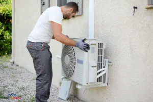 Un technicien en train d'installer ou de réparer une unité extérieure de climatisation fixée à un mur de maison. Il porte des gants de travail et des vêtements de travail gris.