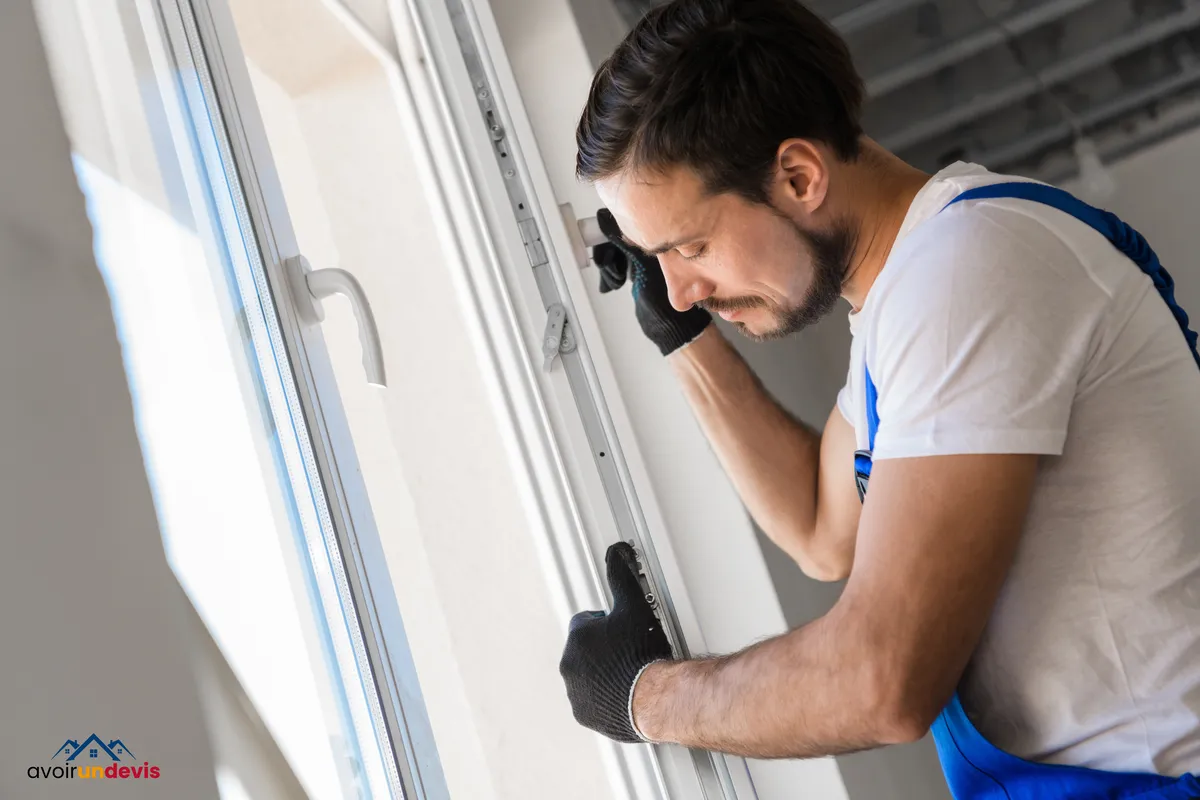 Un technicien effectuant l'installation ou l'ajustement d'une fenêtre à double vitrage, concentré sur son travail et portant des gants de protection noirs.