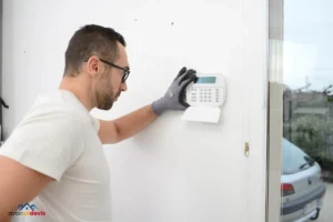Un technicien en train d'installer ou de configurer un système d'alarme sur un mur intérieur, portant des gants et des lunettes. Une voiture est visible à travers une porte vitrée à côté.