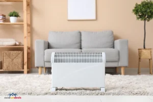 Radiateur électrique blanc posé sur un tapis beige dans un salon moderne, avec un canapé gris en arrière-plan et une petite étagère en bois à gauche. Un pot de plante et un panier en osier sont visibles à droite.